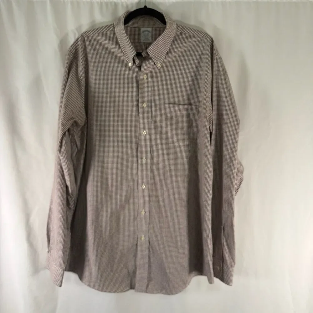 Brooks Brothers Dress Shirt Mens 17.5 38 White Brown Plaid Button Up Long Sleeve